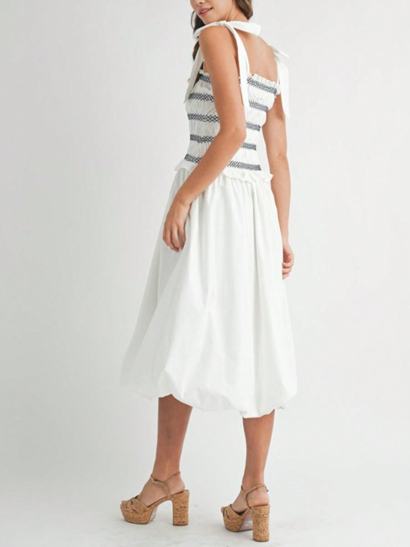 Womens Casual Summer Romantic Chic Smocked Striped Bow Shoulder Midi Dress White Square Neck Sleeveless Flared Skirt Light Airy Beach Vacation Party Sundress