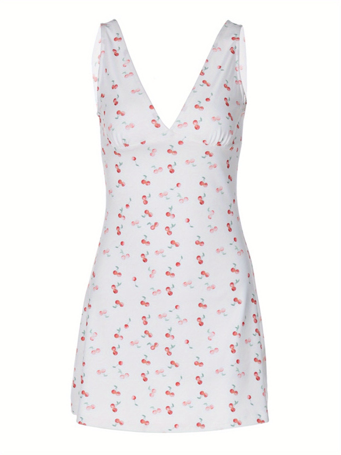 Women Mini Dress Cherry Print Deep V-Neck Sleeveless Dress Summer Casual A-line Dress