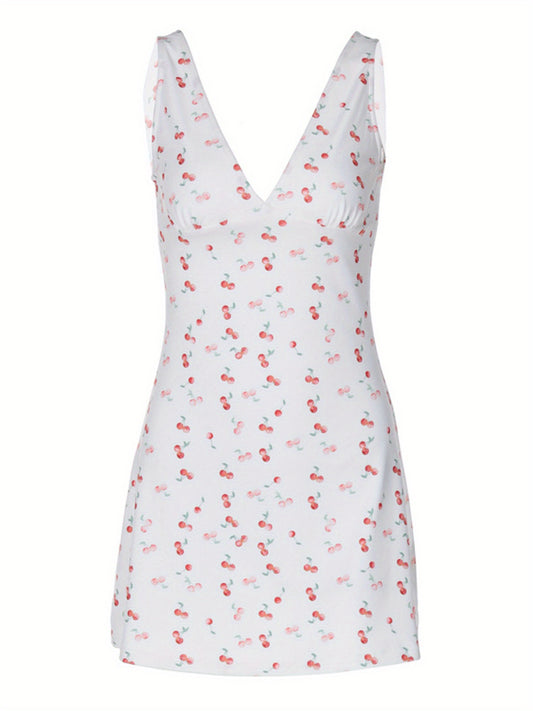 Women Mini Dress Cherry Print Deep V-Neck Sleeveless Dress Summer Casual A-line Dress