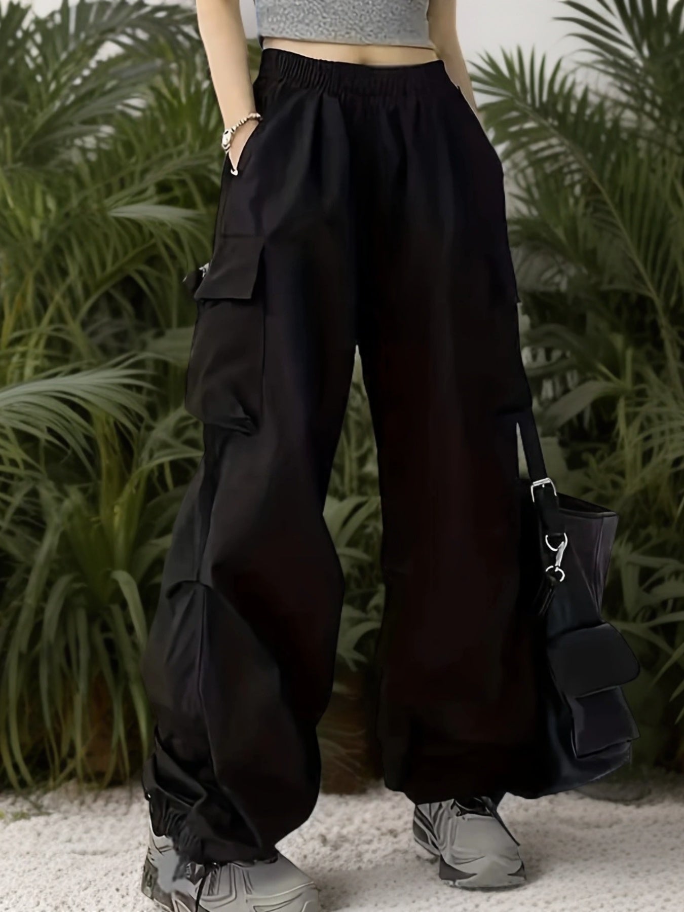 New Girls' Y2K Style Black Cargo Pants with Large Pockets - High Waist, Loose Fit, Elastic Waistband, Durable Polyester, Machine Washable - Suitable for All Seasons, Flattering Legs, Perfect for Outdoor