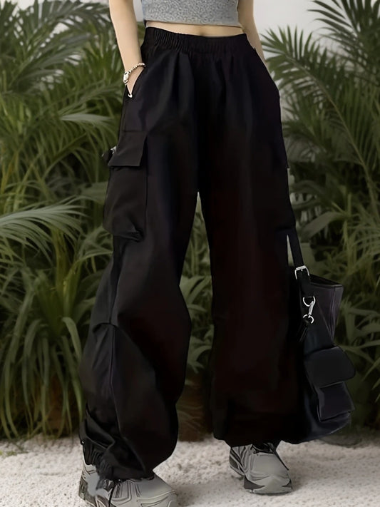 New Girls' Y2K Style Black Cargo Pants with Large Pockets - High Waist, Loose Fit, Elastic Waistband, Durable Polyester, Machine Washable - Suitable for All Seasons, Flattering Legs, Perfect for Outdoor