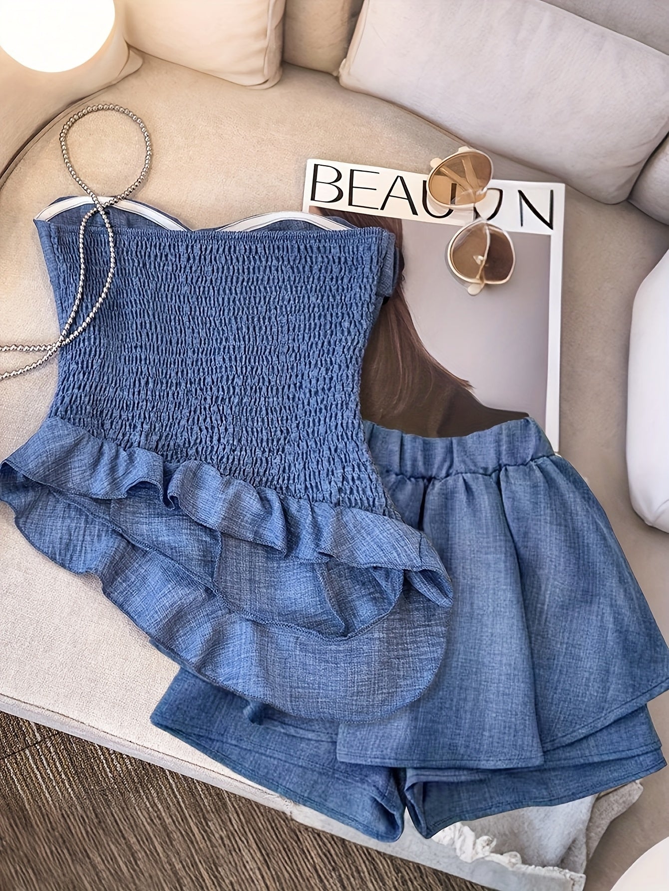 Women's Strapless Asymmetrical Ruffle Top and Pants Set