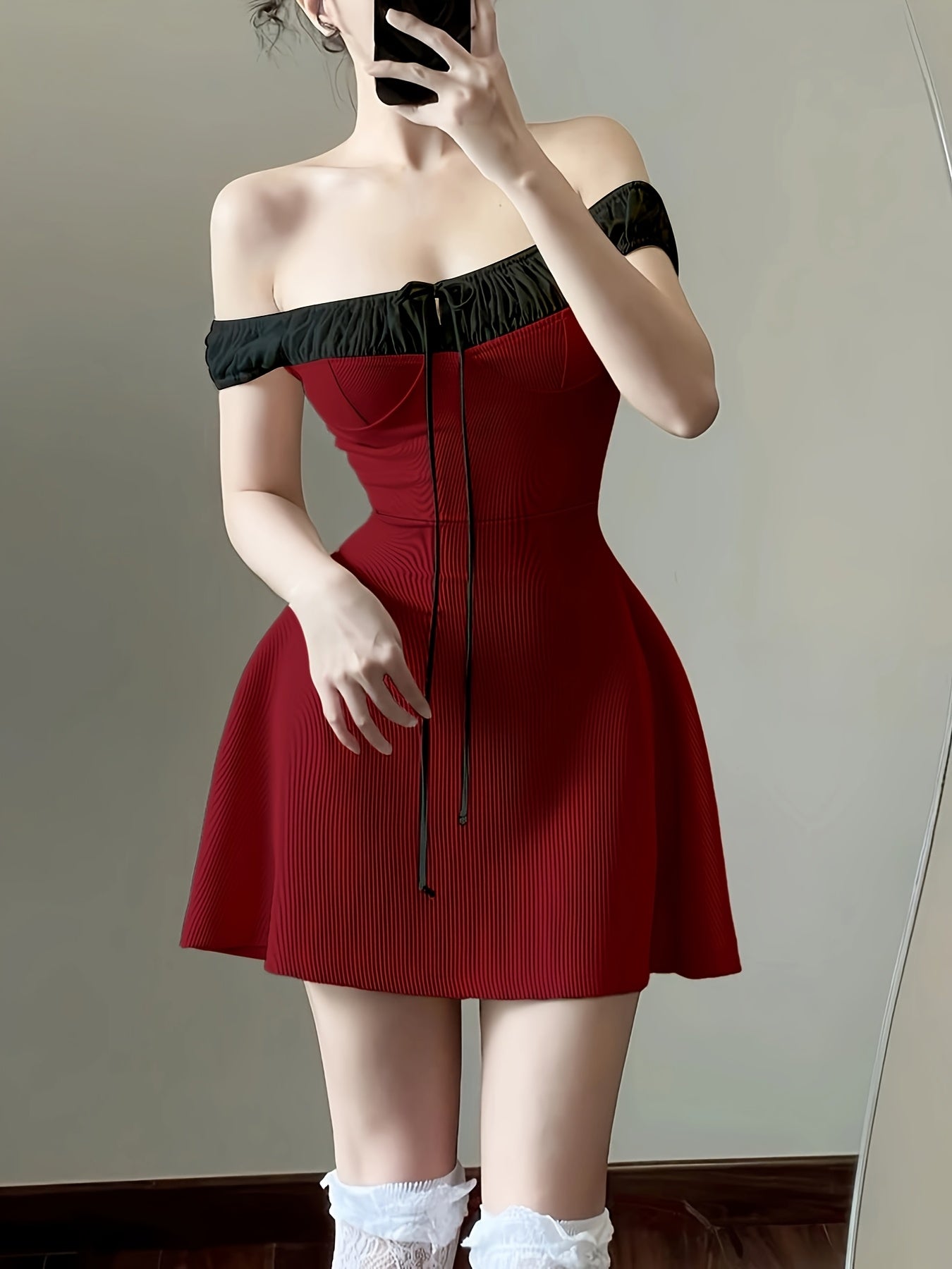 Elegant Off-Shoulder Red Mini Dress with Black Trim - Cinched Waist, Lace-Up Detail, Ruffled Hem, Perfect for Summer Vacation, Vacation Dress | Offshoulder Dress | Construction, Cute Dresses