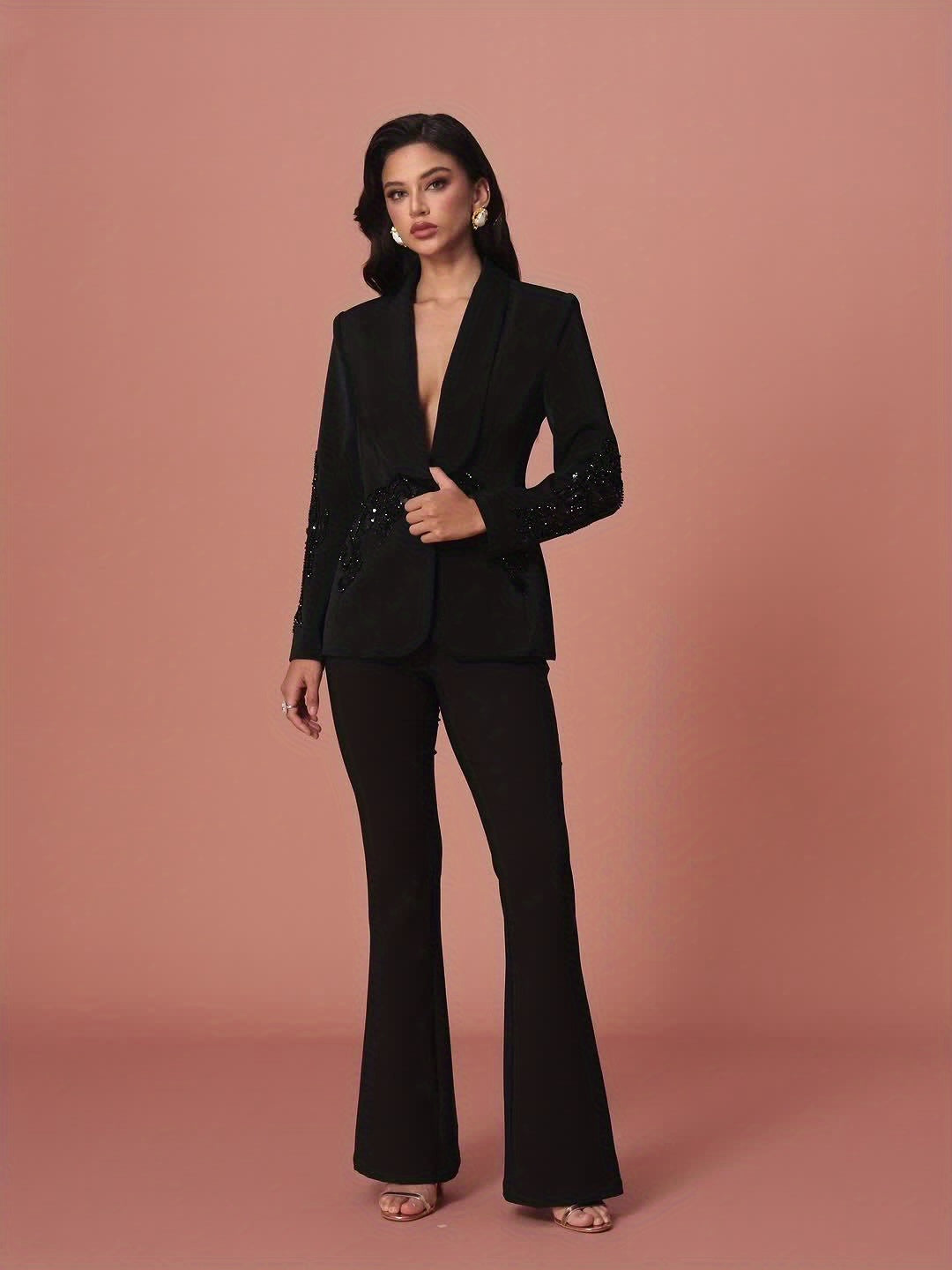 New elegant solid flared pants back lace suit