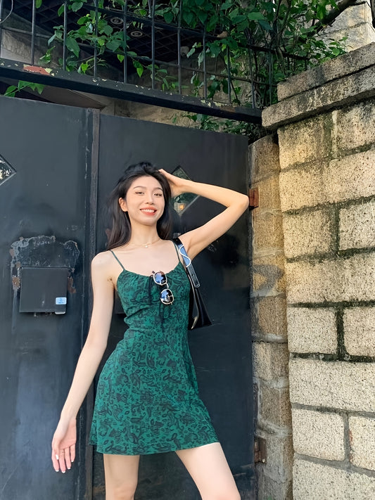 Vintage Green Floral Print Spaghetti Suspender Dress - High Waist Slim Fit Sleeveless A-Line Mini Dress for Women, Perfect for Spring & Summer, Casual to Formal Wear, Spaghetti Suspender Dress
