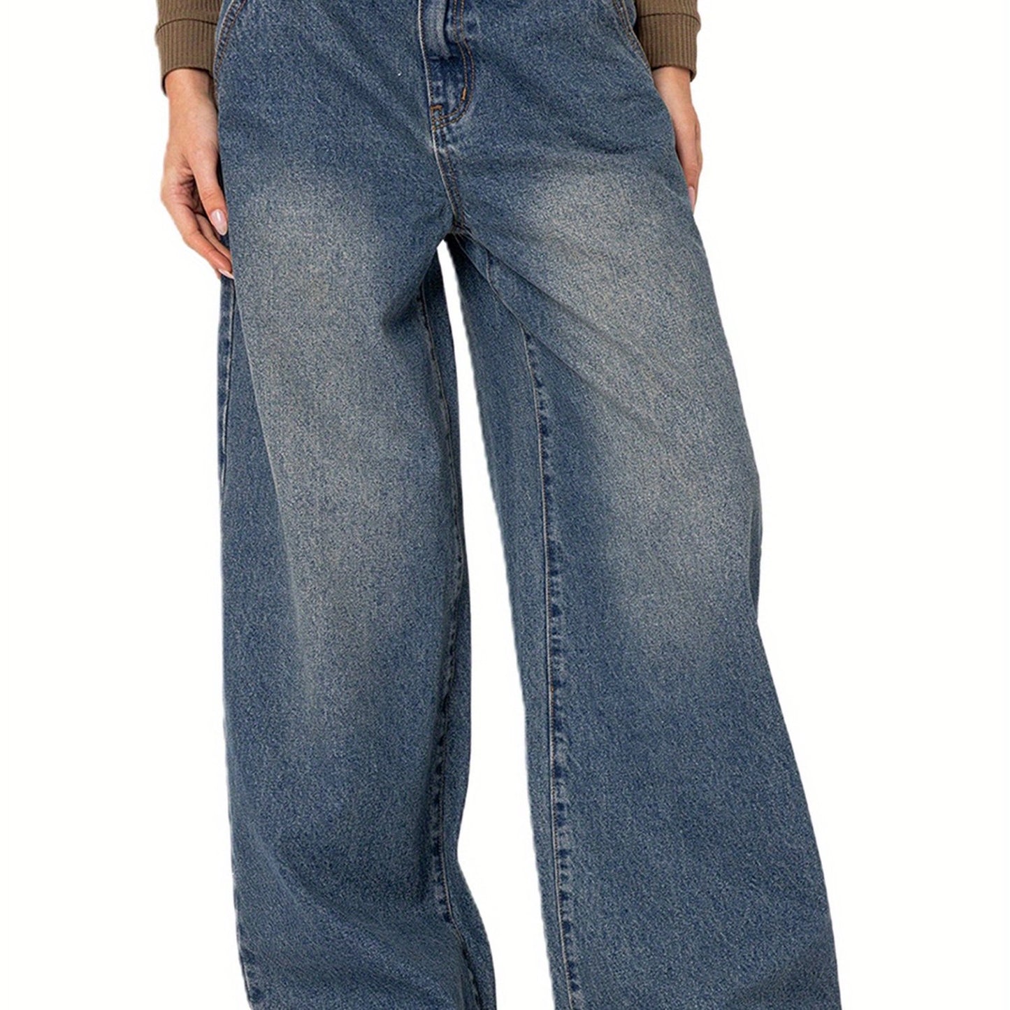 Women'S Spring Summer Denim Pants Retro Casual Wide Leg Trousers with Multi Pockets