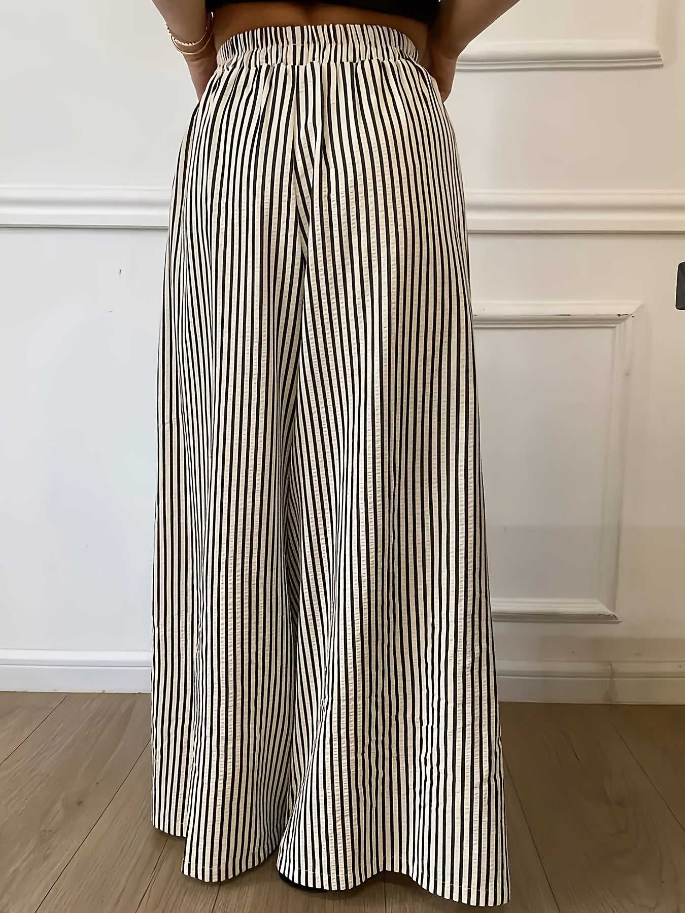 Women'S Striped Casual Wide-Leg Pants with Elastic Waist - Black and White Stripes, Flowing Design for All Seasons, Perfect for Casual Attire