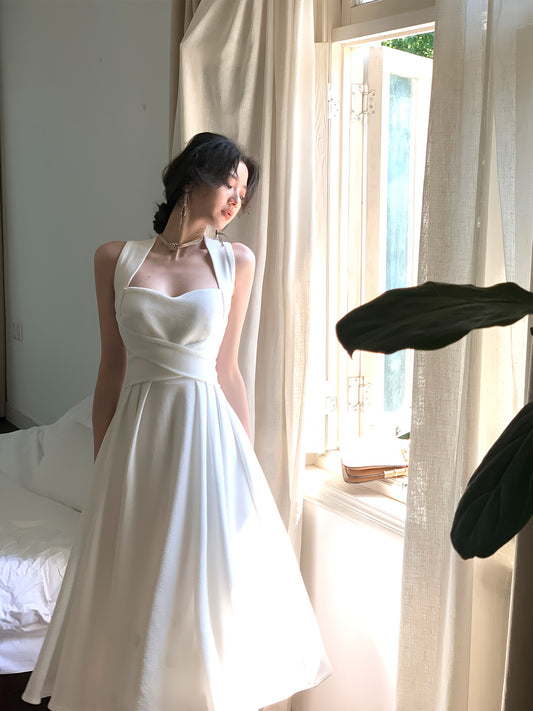 Elegant French-Inspired White Cross-Strap Maxi Dress for Women - Sleeveless, Ruched Waist, Flowy Skirt, Perfect for Summer and Spring, Adult Fashion, Formal Event Attire|Sleek Fitted Top|Ruched Waist Design