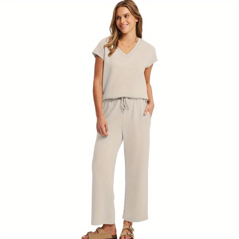Summer Outfits for Women Featuring Two-Piece Sets, Including V-Neck Tops And Wide-Leg Pants, Perfect for Vacation And Travel.