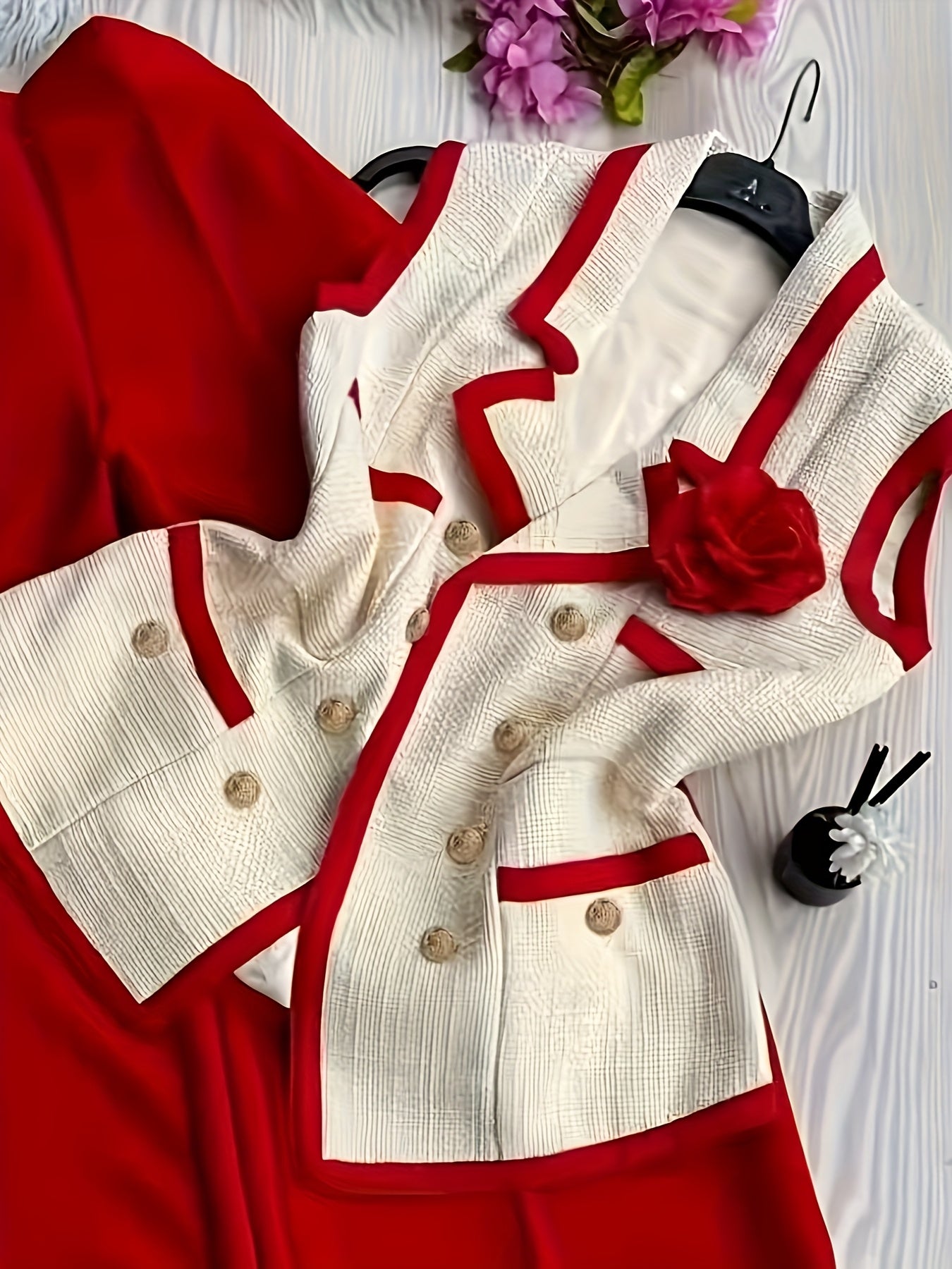 Women'S Stylish Red & Beige Check Blazer & Skirt Set - Perfect for Spring\u002FSummer\u002FFall, Lapel Collar, Solid Color Pattern, Adult Size, Casual Attire|Check Pattern Blazer|Structured Lapel Collar