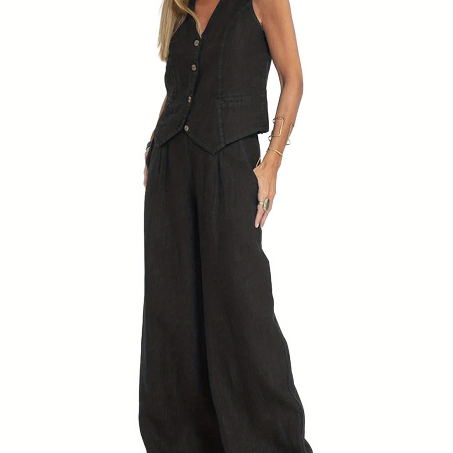 Women 2pcs Outfits Solid Color Button Tank Tops And Wide Leg Pants Set Streetwear Aesthetic Clothes