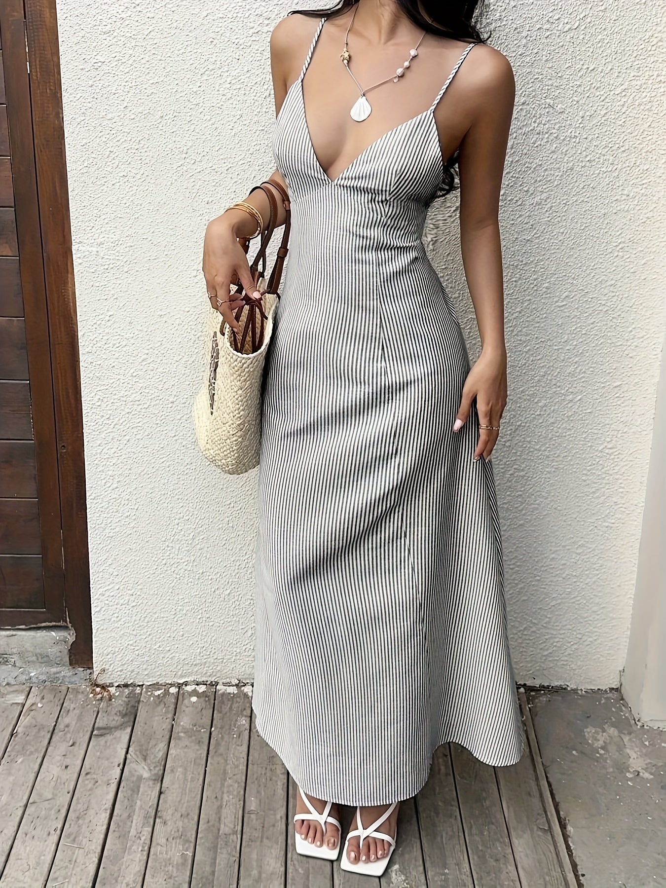 Women'S Elegant Striped V-Neck Maxi Dress - Sleeveless, Long Length, White & Gray Vertical Stripes, Perfect for Spring\u002FSummer\u002FFall, Casual to Formal Wear, Casual Summer Dress | Vneck Dress | Polyester Fabric