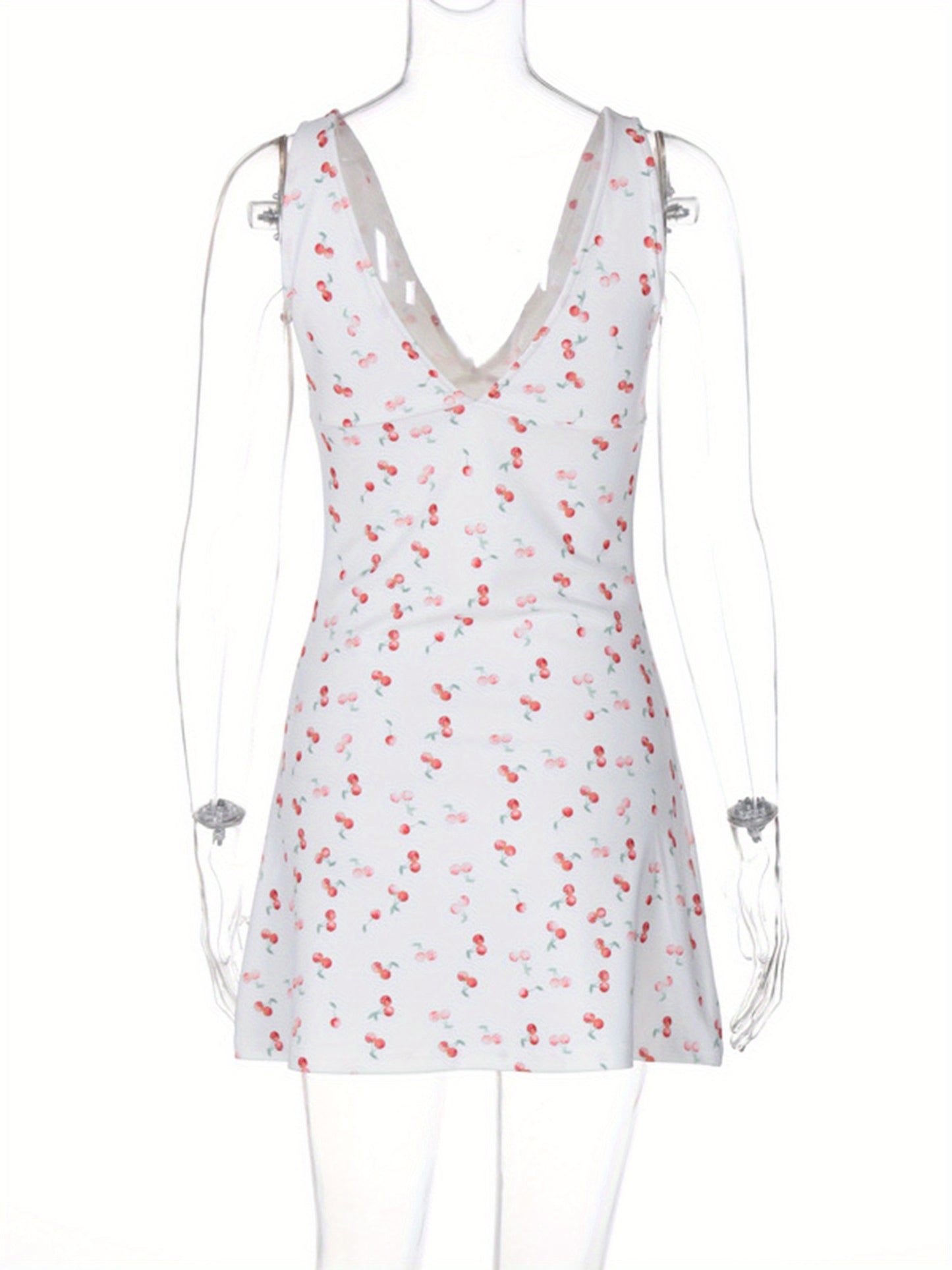 Women Mini Dress Cherry Print Deep V-Neck Sleeveless Dress Summer Casual A-line Dress