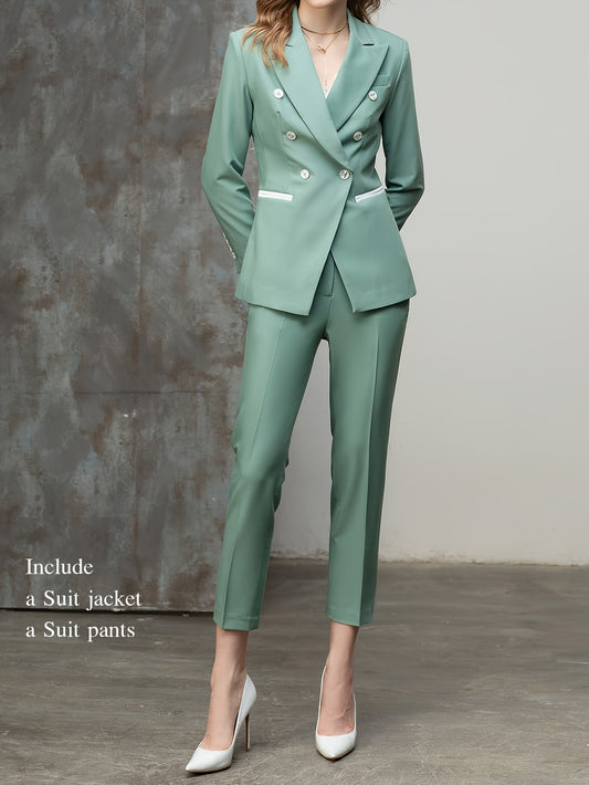 Elegant Chic Polyester Blend Pantsuit for Women, Lapel Double-Breasted Jacket and Trousers Set, Regular Sleeve, Solid Color - Spring\u002FFall Office Wear Ensemble (80% Polyester, 15% Elastane, 5% Viscose, Polyester Lined) - IWY PC10335