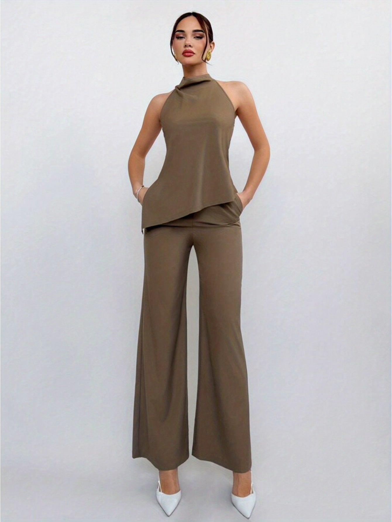Women's Commuter Two-Piece Set: High-Neck Split Top + Pants