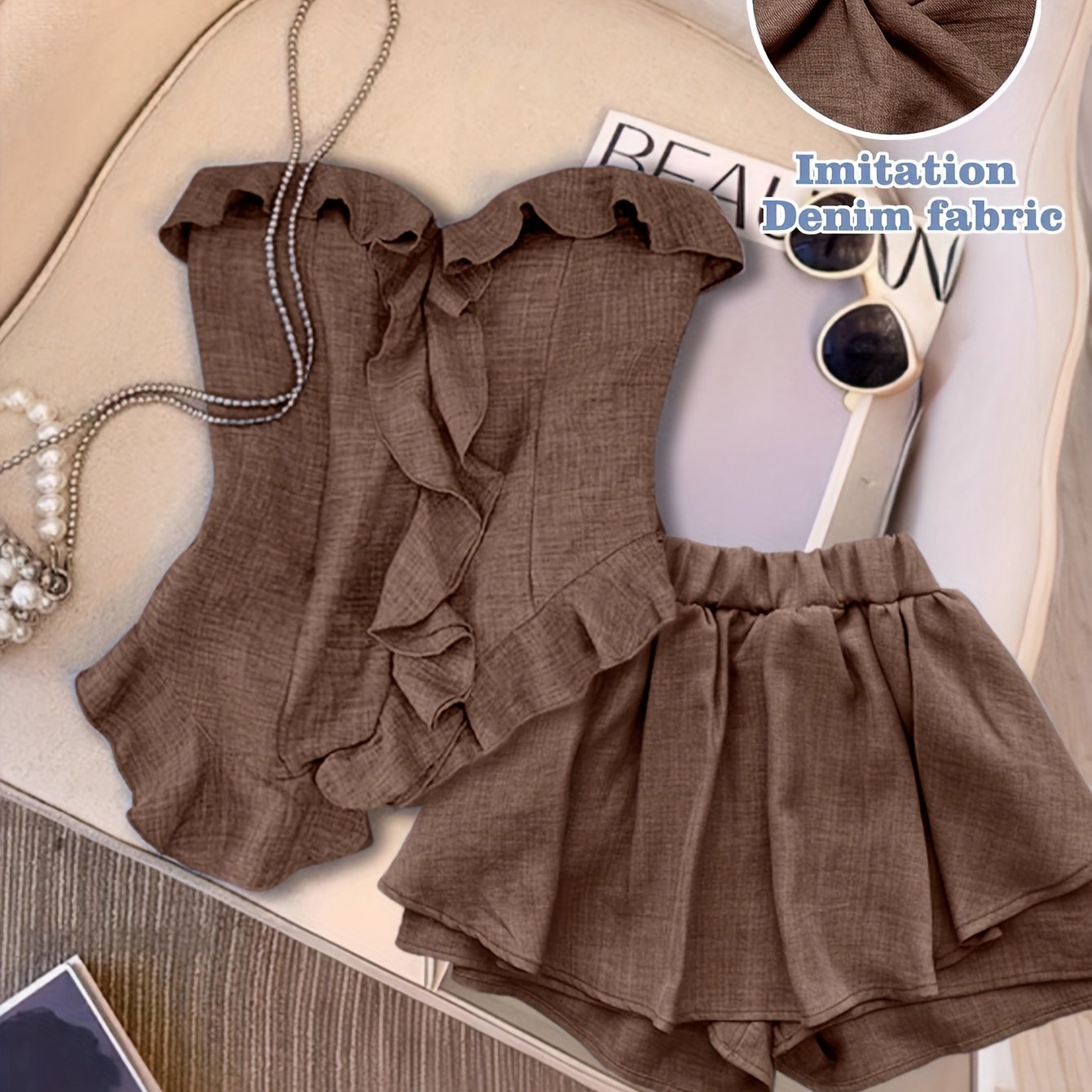 Women's Strapless Asymmetrical Ruffle Top and Pants Set