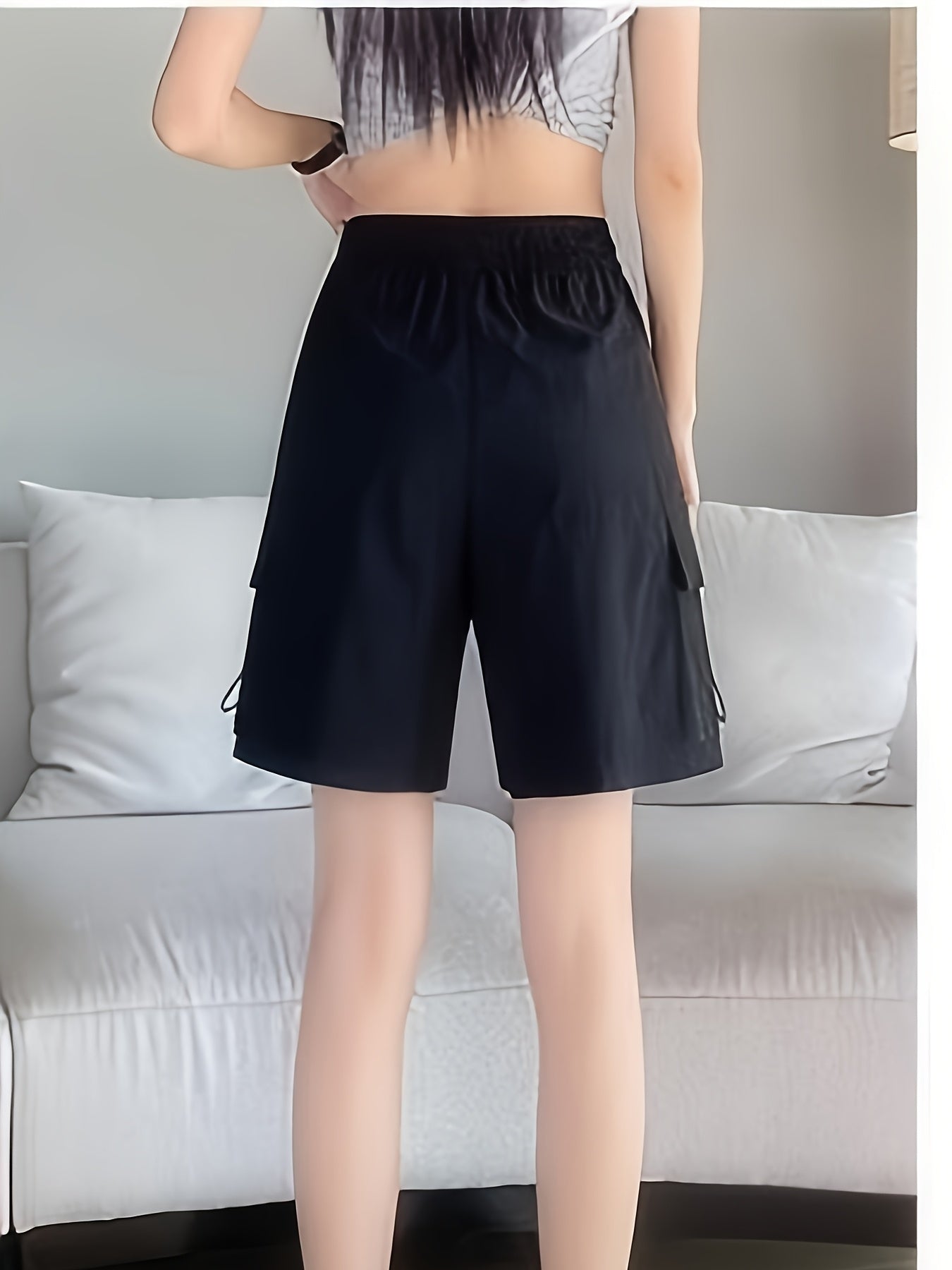 Women'S Casual Cargo Shorts with Adjustable Drawstring Waist - Black, Multiple Pockets, Elastic Waistband, Perfect for Outdoor or Work, Summer Style, Work Shorts | Relaxed Fit Shorts | Functional Pockets