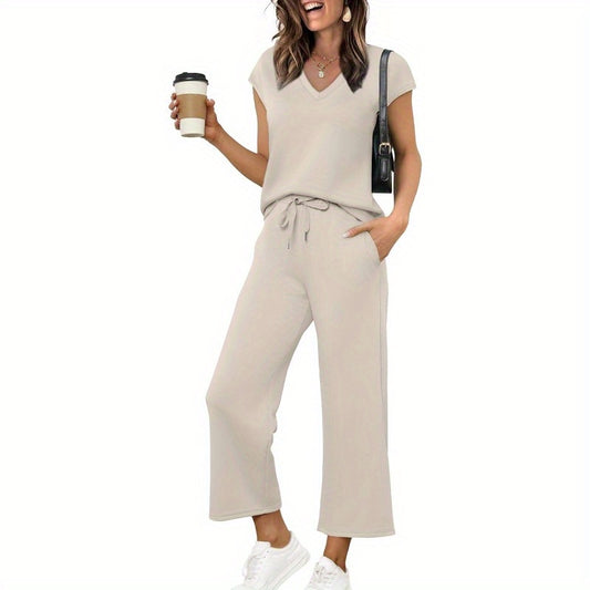 Summer Outfits for Women Featuring Two-Piece Sets, Including V-Neck Tops And Wide-Leg Pants, Perfect for Vacation And Travel.