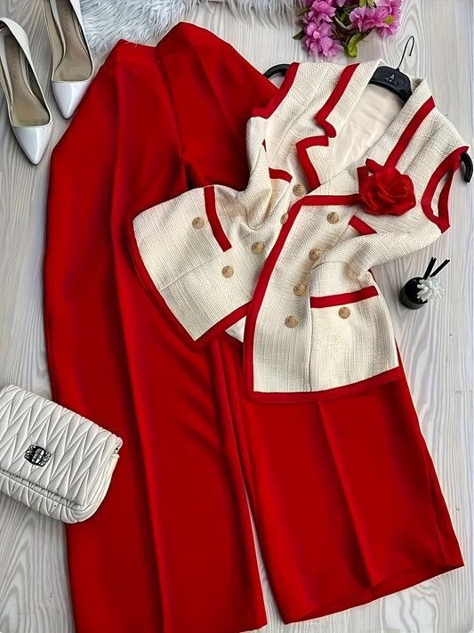 Women'S Stylish Red & Beige Check Blazer & Skirt Set - Perfect for Spring\u002FSummer\u002FFall, Lapel Collar, Solid Color Pattern, Adult Size, Casual Attire|Check Pattern Blazer|Structured Lapel Collar