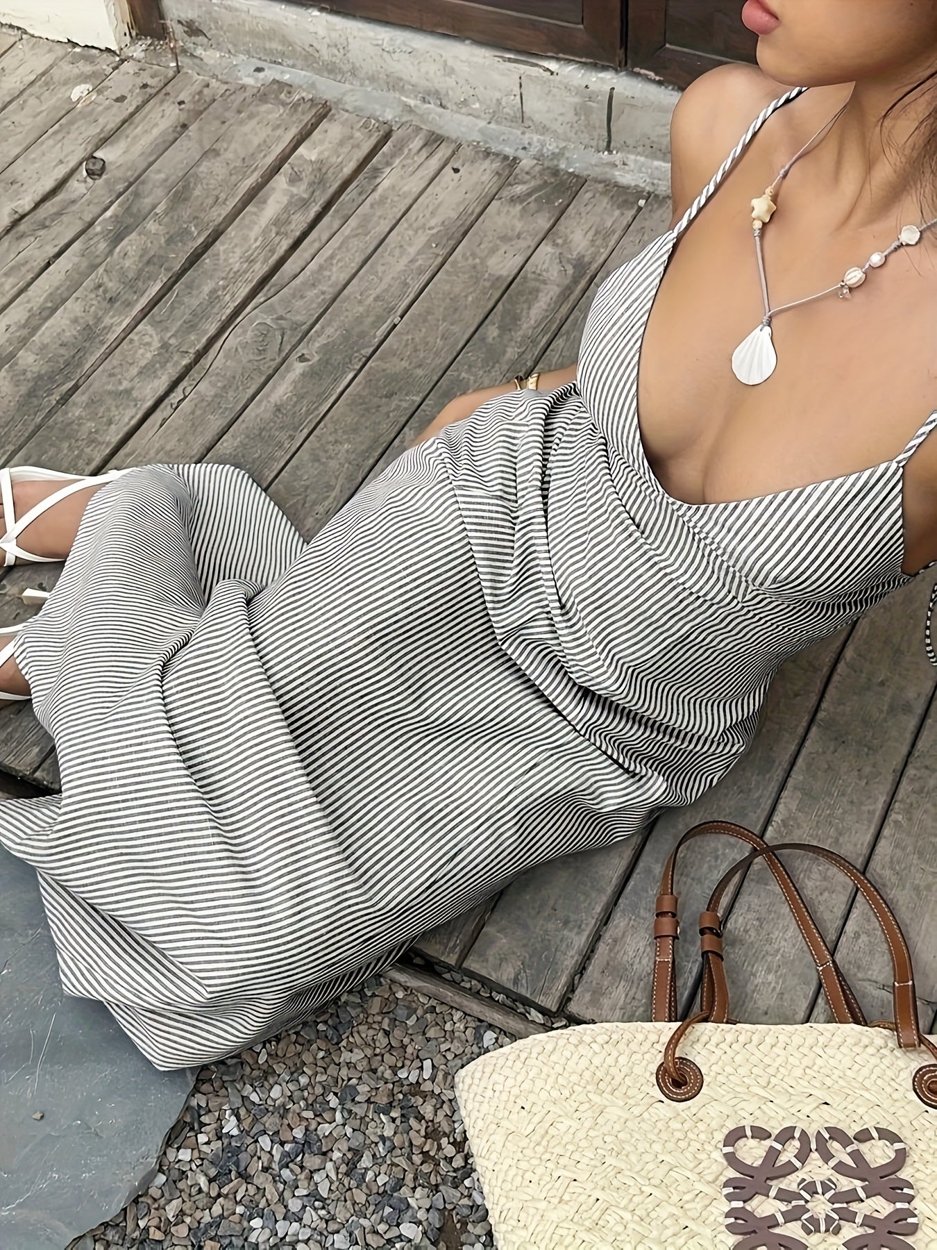 Women'S Elegant Striped V-Neck Maxi Dress - Sleeveless, Long Length, White & Gray Vertical Stripes, Perfect for Spring\u002FSummer\u002FFall, Casual to Formal Wear, Casual Summer Dress | Vneck Dress | Polyester Fabric
