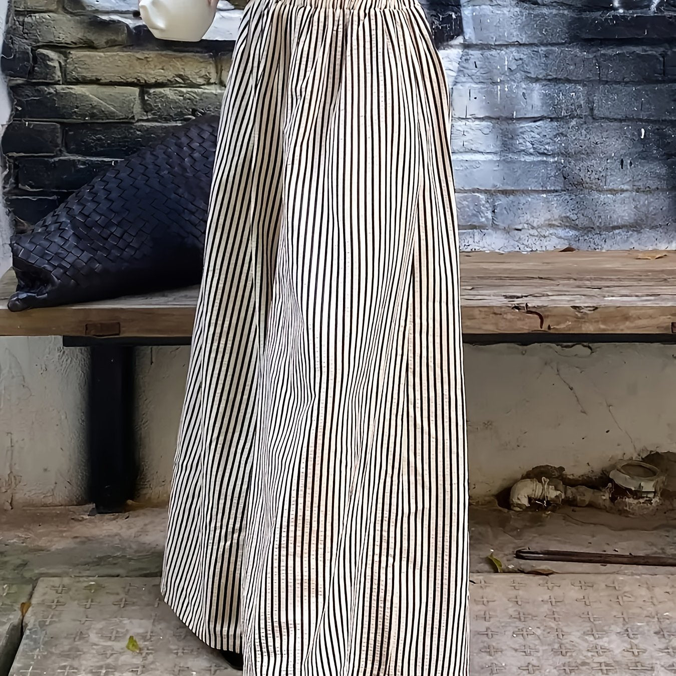Women'S Striped Casual Wide-Leg Pants with Elastic Waist - Black and White Stripes, Flowing Design for All Seasons, Perfect for Casual Attire