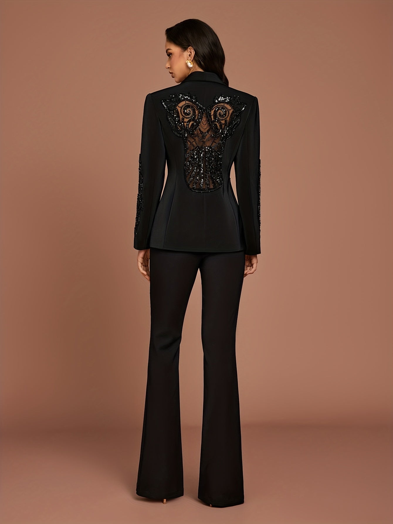 New elegant solid flared pants back lace suit