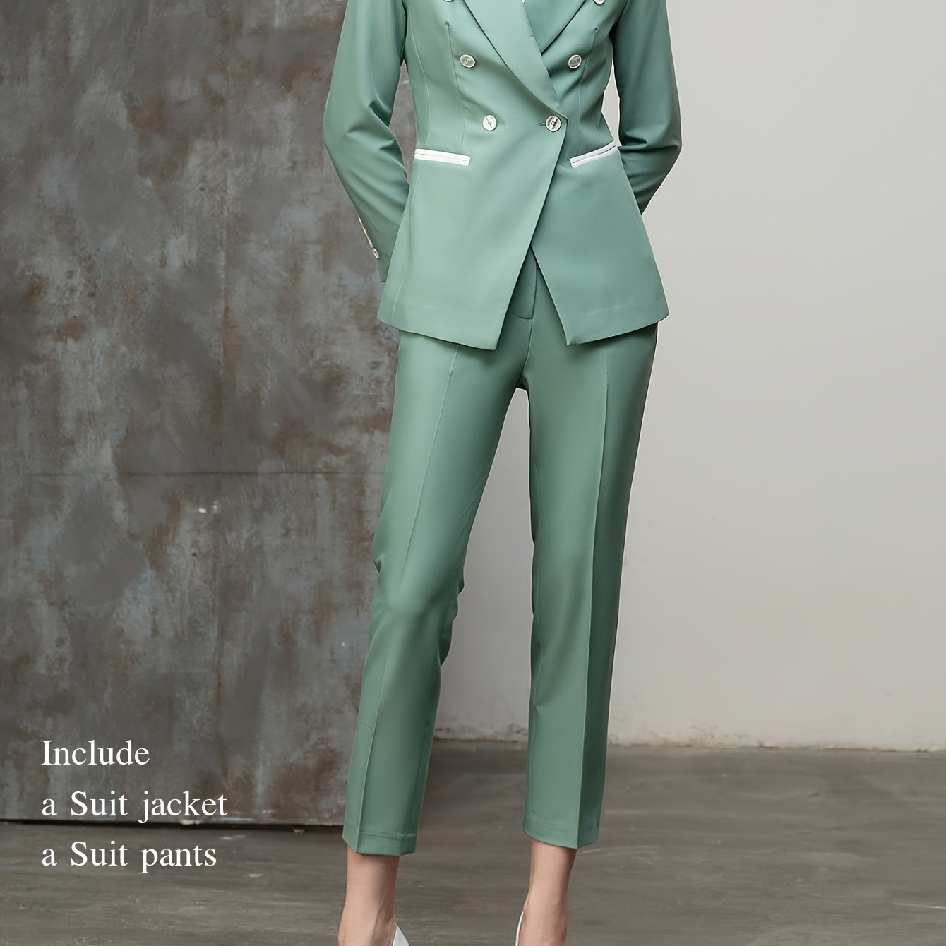 Elegant Chic Polyester Blend Pantsuit for Women, Lapel Double-Breasted Jacket and Trousers Set, Regular Sleeve, Solid Color - Spring\u002FFall Office Wear Ensemble (80% Polyester, 15% Elastane, 5% Viscose, Polyester Lined) - IWY PC10335