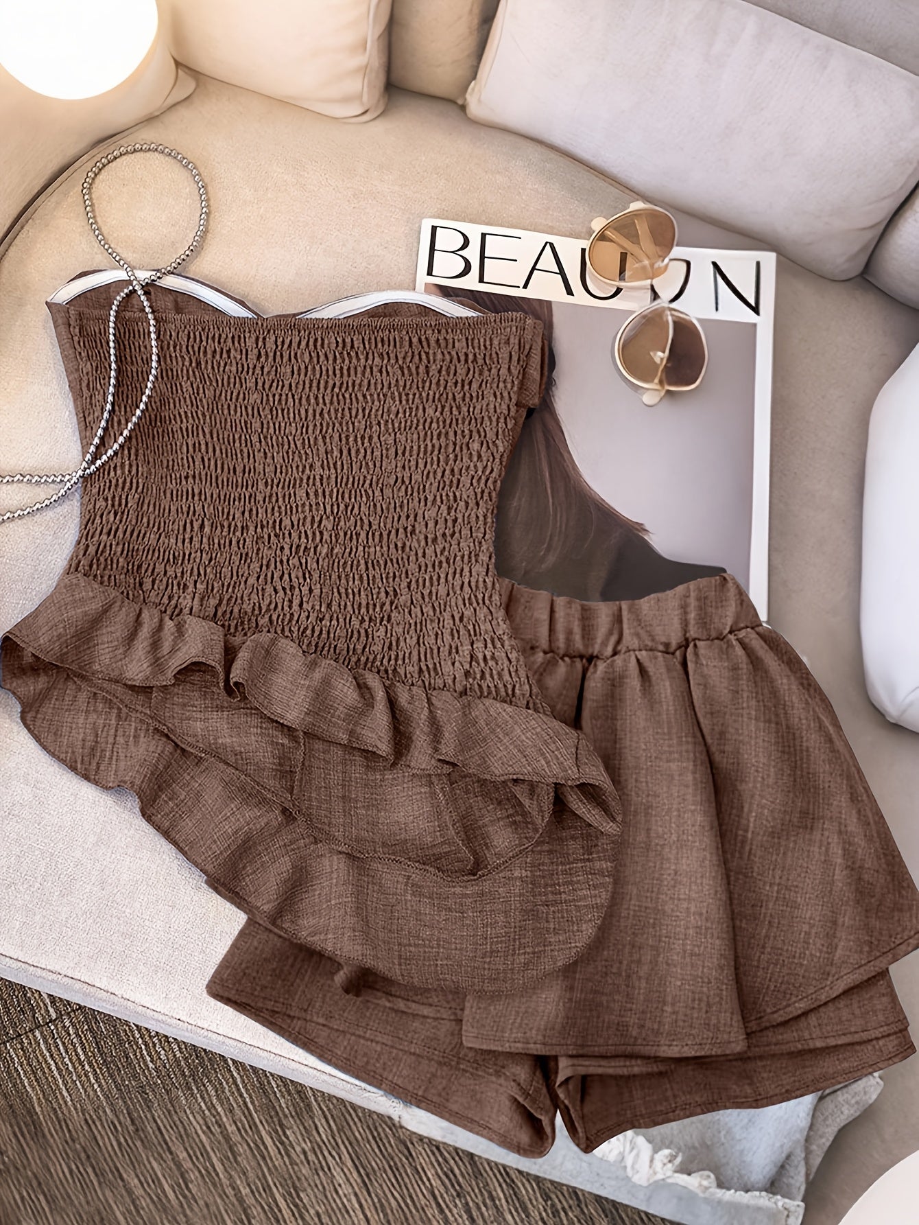 Women's Strapless Asymmetrical Ruffle Top and Pants Set