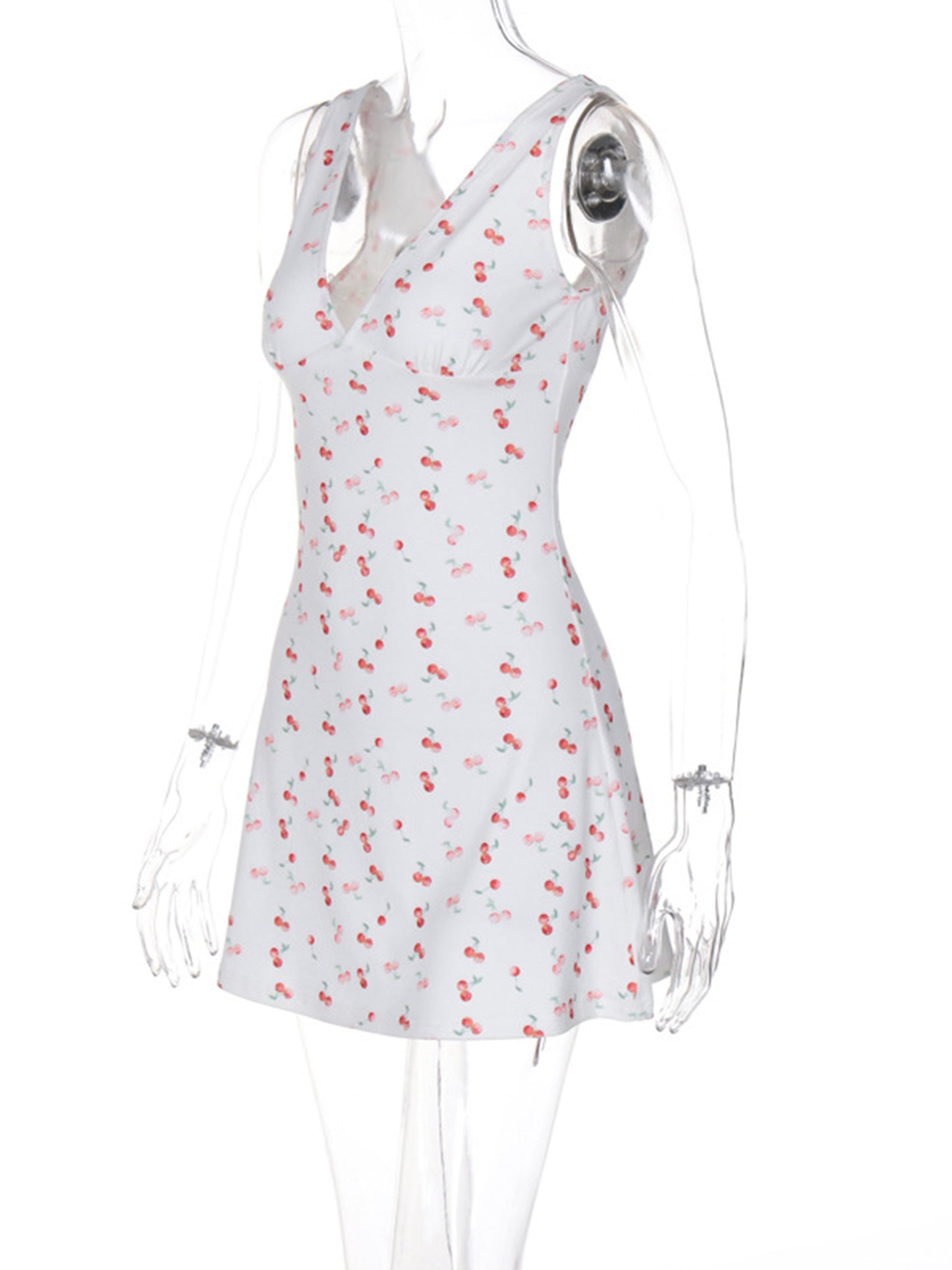 Women Mini Dress Cherry Print Deep V-Neck Sleeveless Dress Summer Casual A-line Dress
