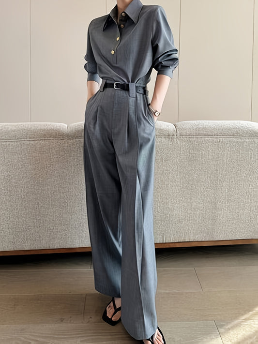 Women'S Stylish Urban Casual Two-Piece Set - Long Sleeve H-Neck Blouse & Wide Leg Pants with Buttons, Perfect for Spring\u002FFall, Polyester Fabric, Casual Attire|Buttonup Blouse|Polyester Fabric