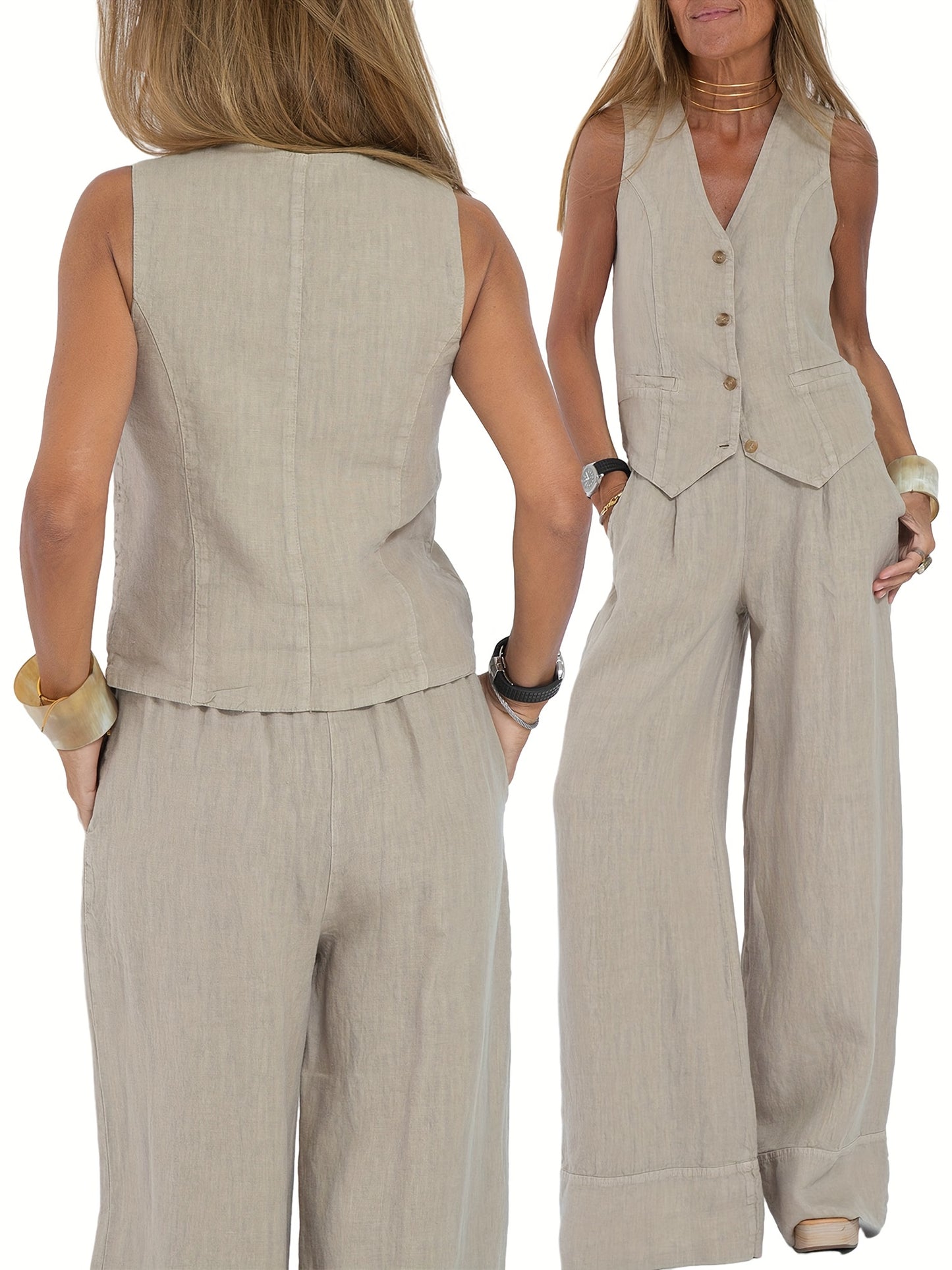 Women 2pcs Outfits Solid Color Button Tank Tops And Wide Leg Pants Set Streetwear Aesthetic Clothes