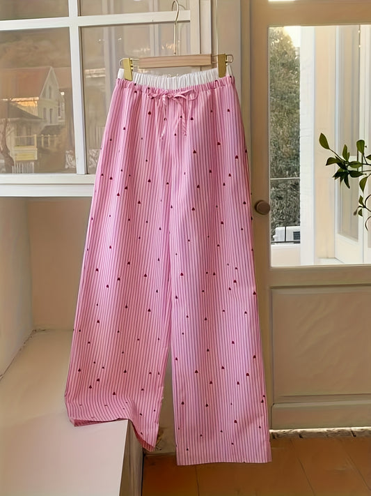 Women's High-Waisted Wide-Leg Pants - Non-Stretch Casual Trousers with Pink & Red Heart Pattern, Everyday & Valentine's Outfits - LL168 Non-Stretch Pants for Women