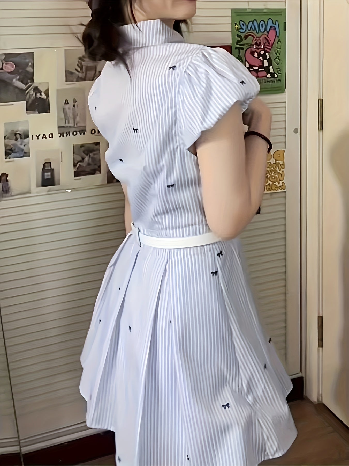 2025 Blue Striped Summer Dress for Women, Bubble Sleeve Belted Waist Bow Tie Shirt Dress