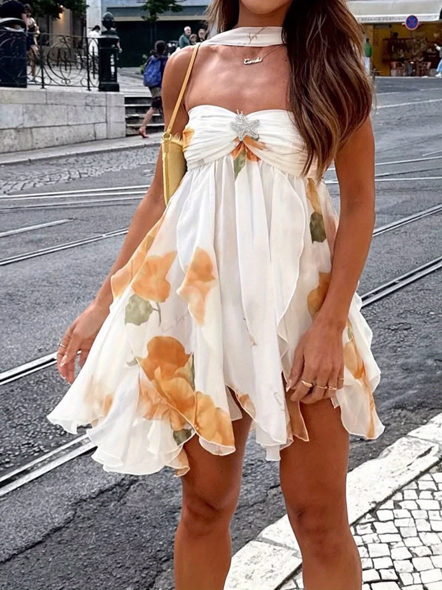 Floral Halter Mini Dress for Women Summer Fashionable Sleeveless Backless Flowy Short Dress