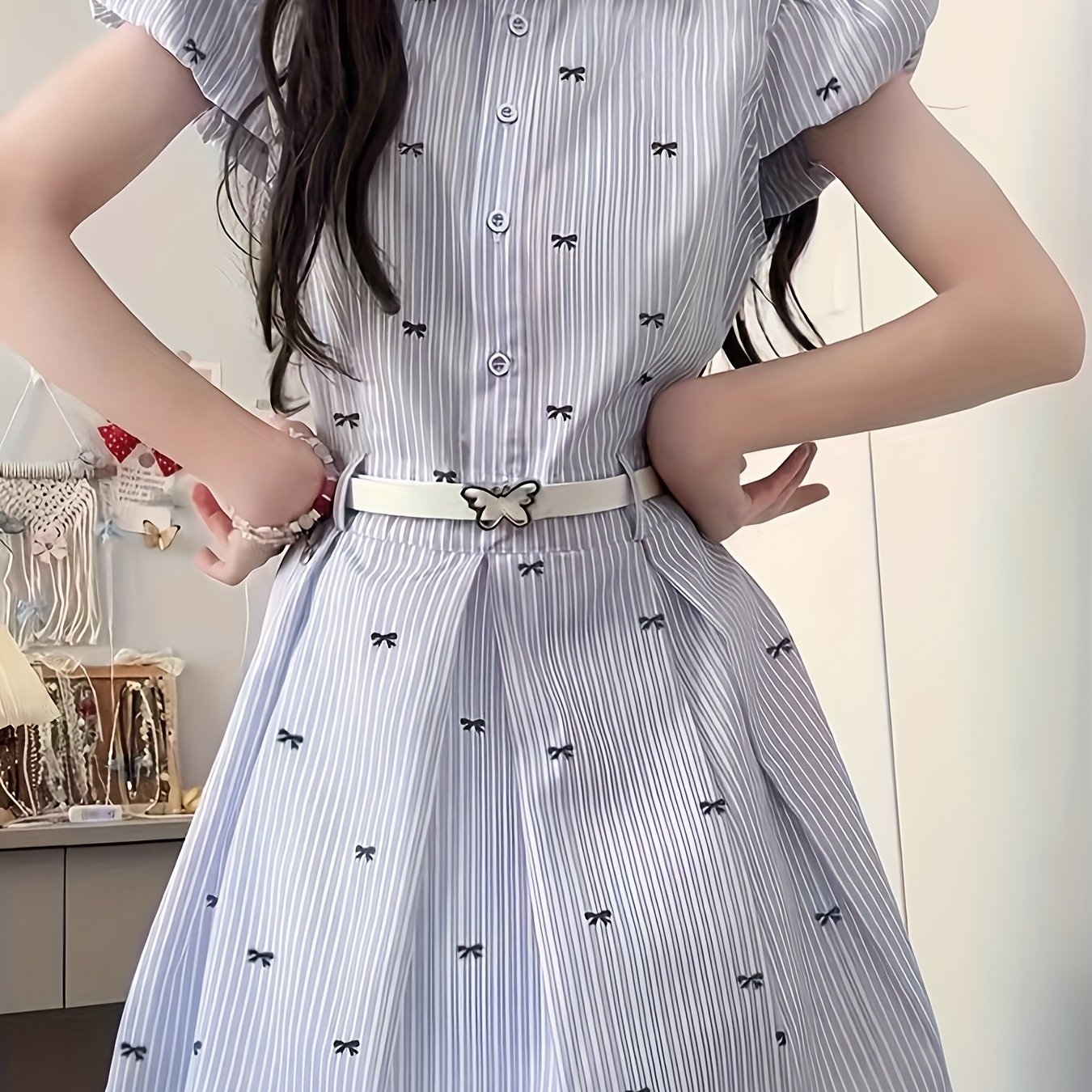 2025 Blue Striped Summer Dress for Women, Bubble Sleeve Belted Waist Bow Tie Shirt Dress