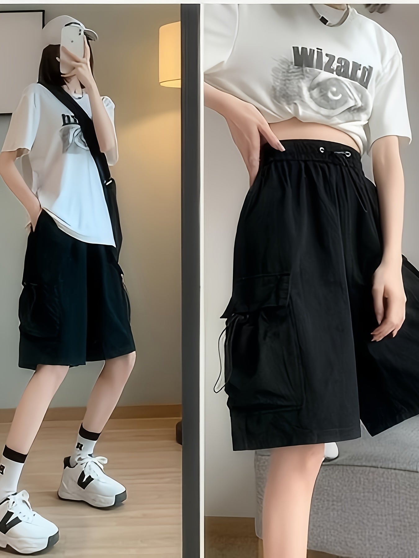 Women'S Casual Cargo Shorts with Adjustable Drawstring Waist - Black, Multiple Pockets, Elastic Waistband, Perfect for Outdoor or Work, Summer Style, Work Shorts | Relaxed Fit Shorts | Functional Pockets