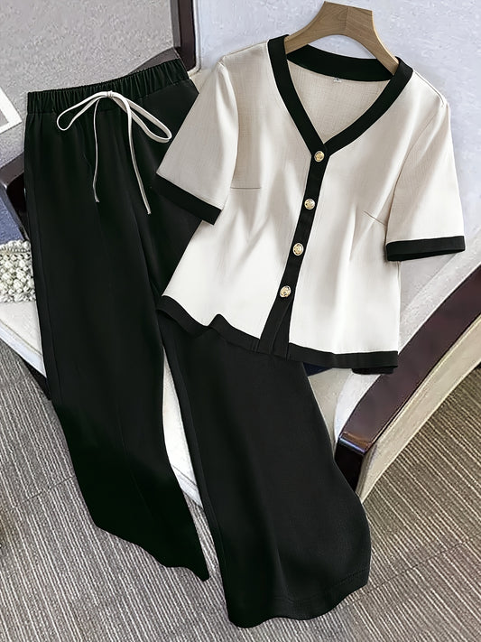 Women's Color Block Short Sleeve Top and Elastic Waist Pants Set