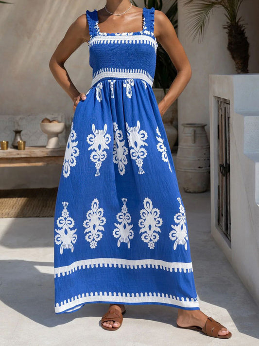 Women's Vintage Boho Floral Print Sleeveless Open Back Long Cami Dress - Square Neck A-Line Flared Hem Summer Vacation Dress for Beach & Casual Outings, Beach Dresses, Holiday Outfit, Comfortable Fit, Feminine Style