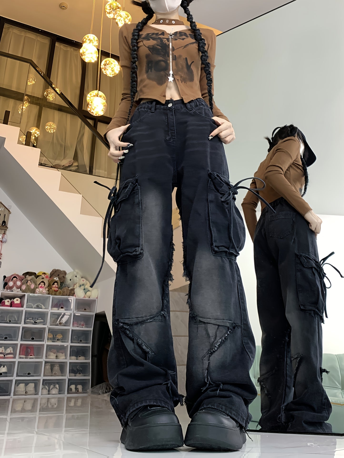 Black Pants Retro Trendy Straps Work Jeans Women&#39;s New High Street Design Loose And Slim Straight Wide-leg Pants