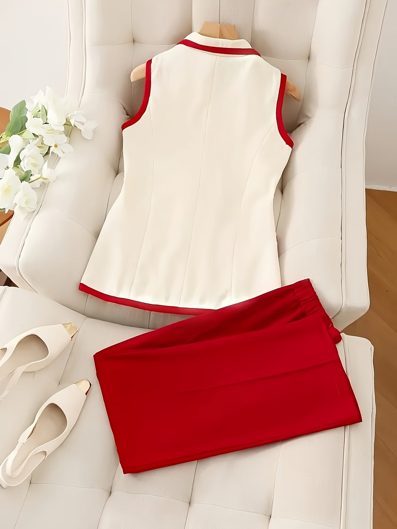 Women'S Stylish Red & Beige Check Blazer & Skirt Set - Perfect for Spring\u002FSummer\u002FFall, Lapel Collar, Solid Color Pattern, Adult Size, Casual Attire|Check Pattern Blazer|Structured Lapel Collar