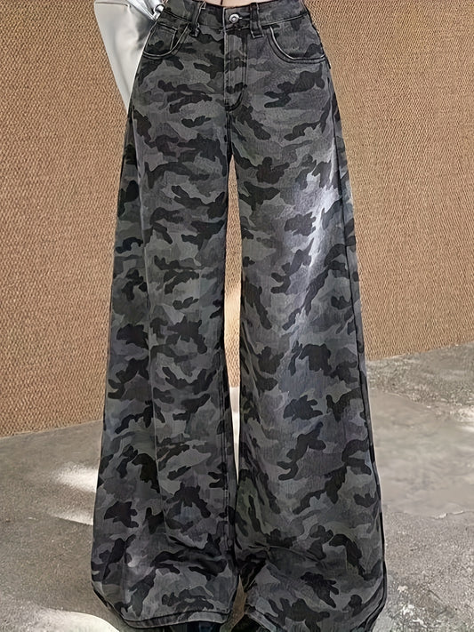 Women's Korean Street Style Camo Jeans - Relaxed Fit Straight-Leg High-Waisted Pants with Button Closure, Machine Washable Autumn\u002FWinter Casual Trousers for Everyday Outfits