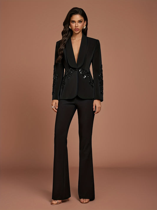 New elegant solid flared pants back lace suit