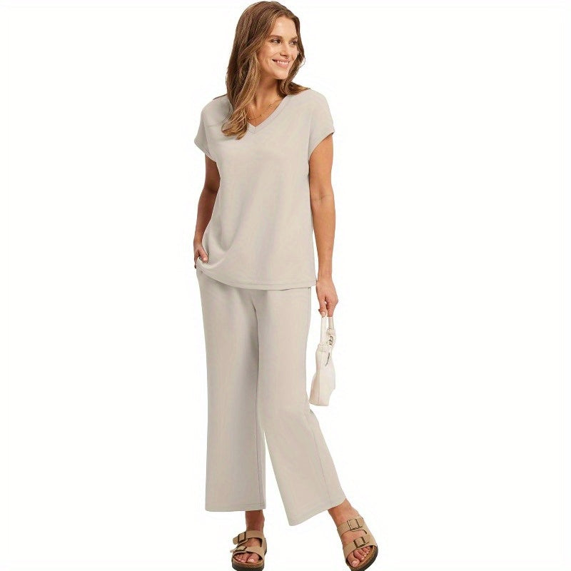 Summer Outfits for Women Featuring Two-Piece Sets, Including V-Neck Tops And Wide-Leg Pants, Perfect for Vacation And Travel.