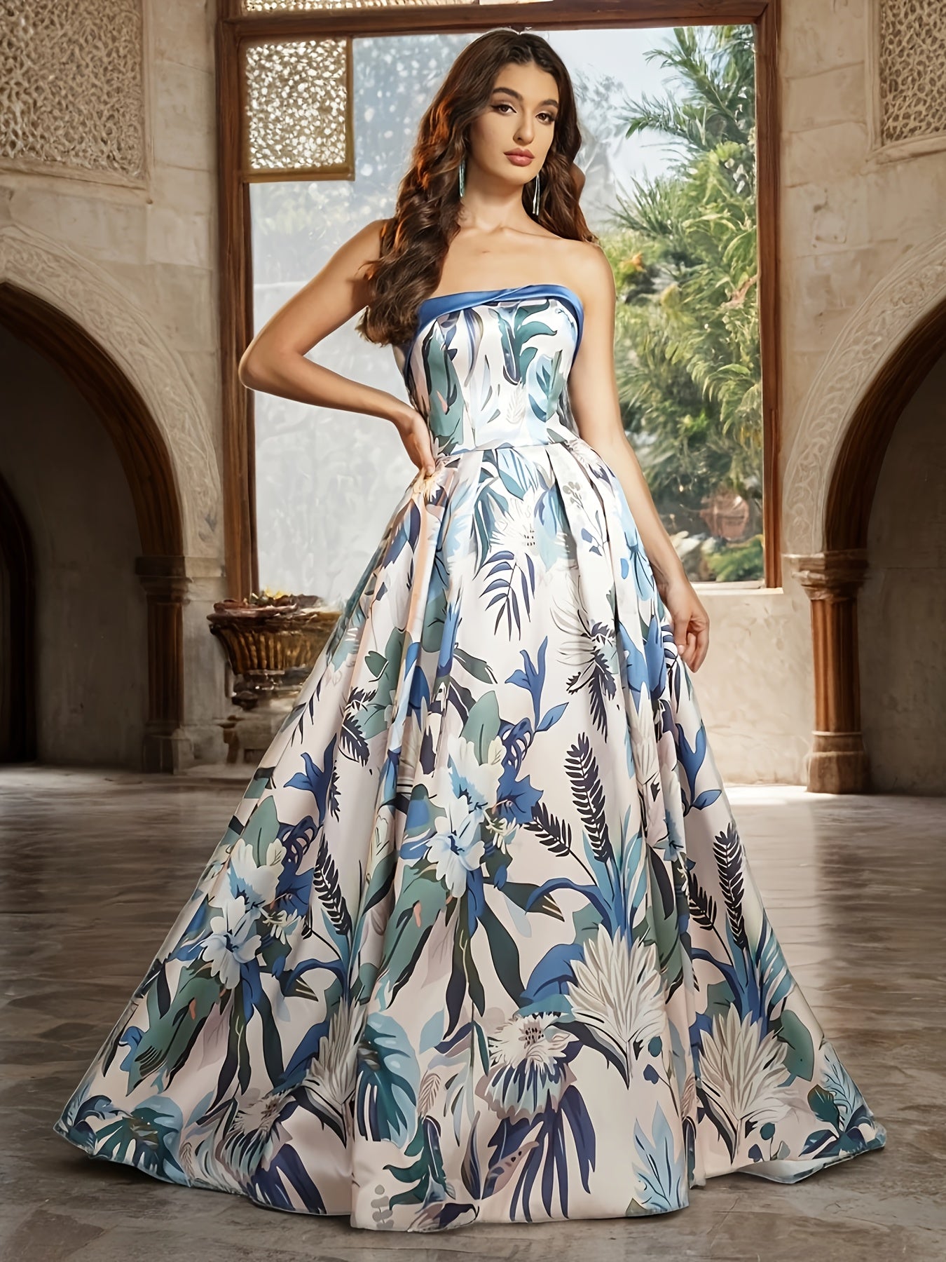 Elegant Off-Shoulder Pleated Tropical Floral Evening Gown - Long Formal Dress with Zipper Back, Blue & White Floral Print, Perfect for Weddings & Parties, Tropical Dress