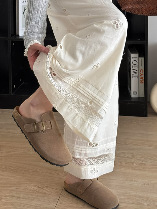 Women'S High-Waist Wide-Leg Lace Pants - Lightweight Summer Casual Trousers with Floral Embroidery & Cut-Out Details, Loose Fit All-Season Comfort for Casual Attire, High Waisted Pants, Comfortable Footwear