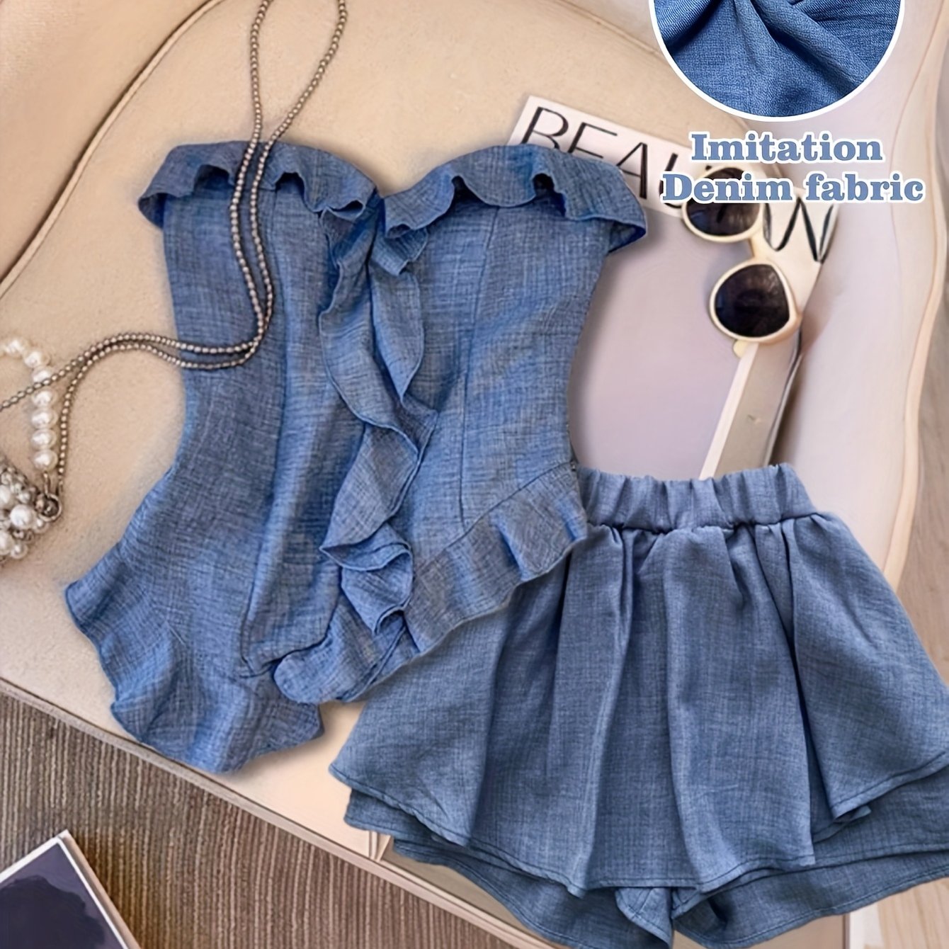Women's Strapless Asymmetrical Ruffle Top and Pants Set