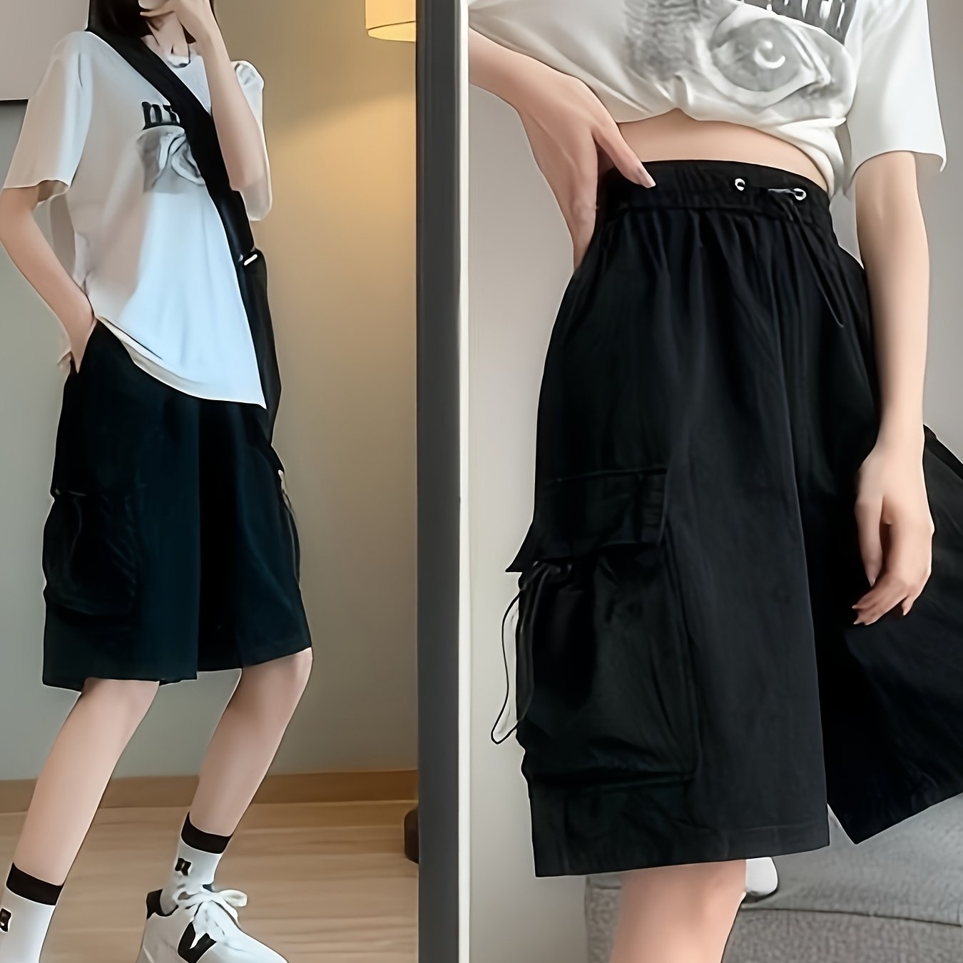 Women'S Casual Cargo Shorts with Adjustable Drawstring Waist - Black, Multiple Pockets, Elastic Waistband, Perfect for Outdoor or Work, Summer Style, Work Shorts | Relaxed Fit Shorts | Functional Pockets